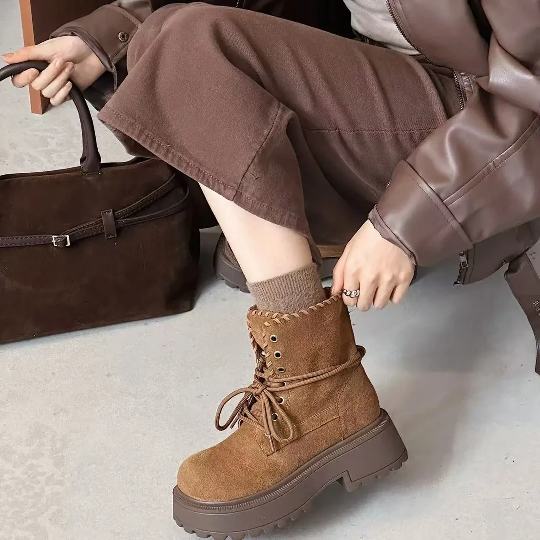 秋冬3658-3拼色马丁靴厚底交叉绑带短筒增高加绒英伦复古真皮韩版