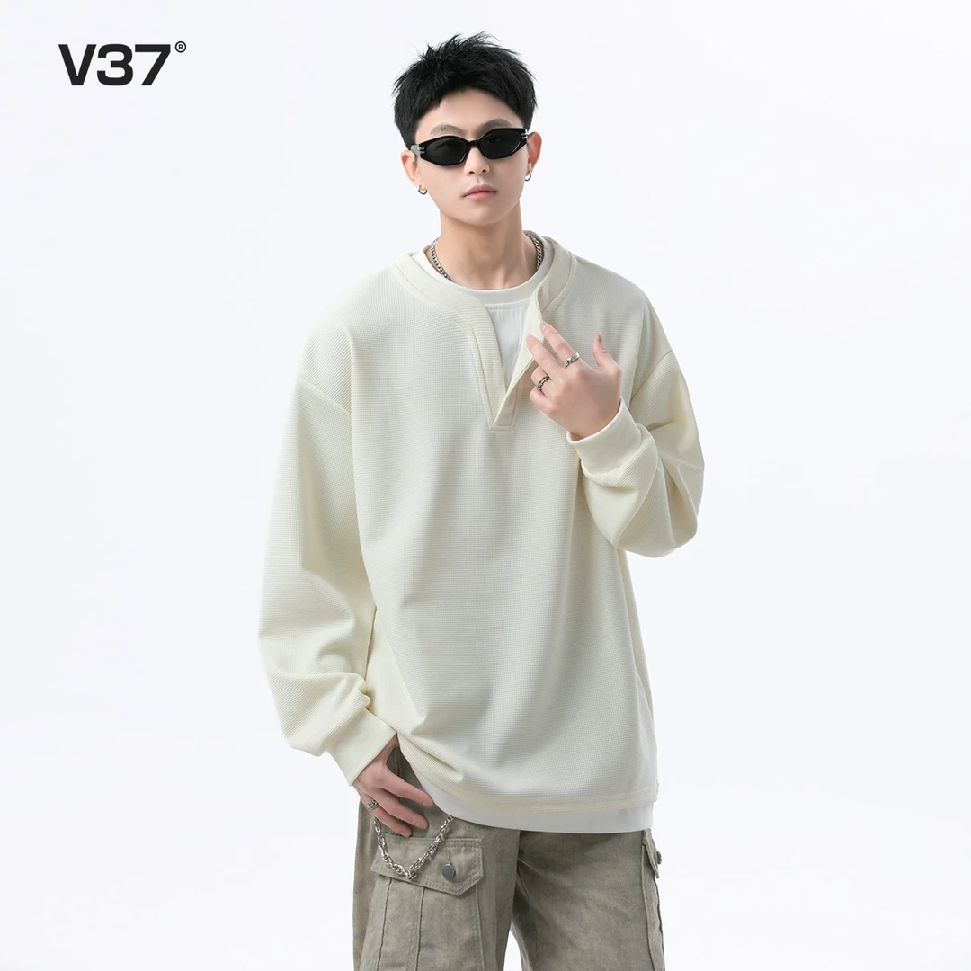 V37 华夫格卫衣男生春秋季重磅假两件宽松休闲百搭青少年潮牌外套