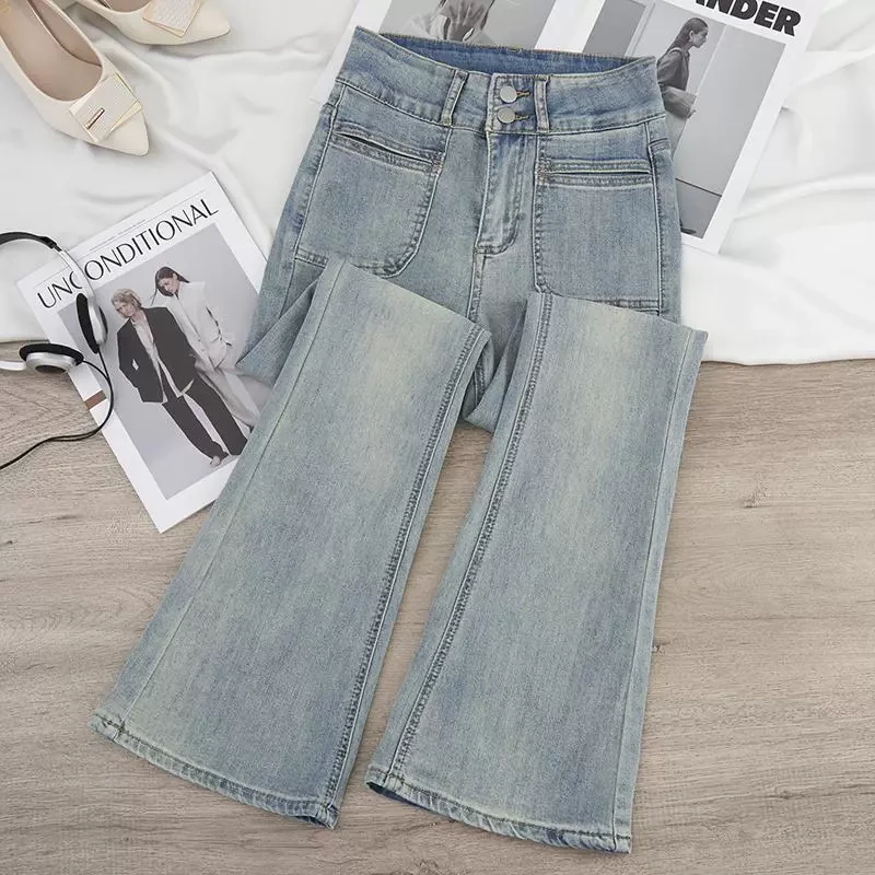 浅蓝色高腰微喇牛仔裤女春秋2025年新款修身显瘦小个子女士喇叭裤