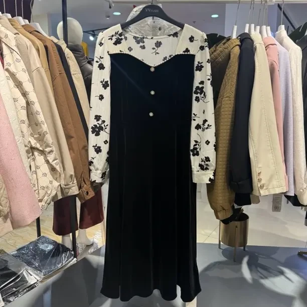 【VV FUSHI】L22105998 优雅黑色拼接连衣裙长袖设计时尚感十足