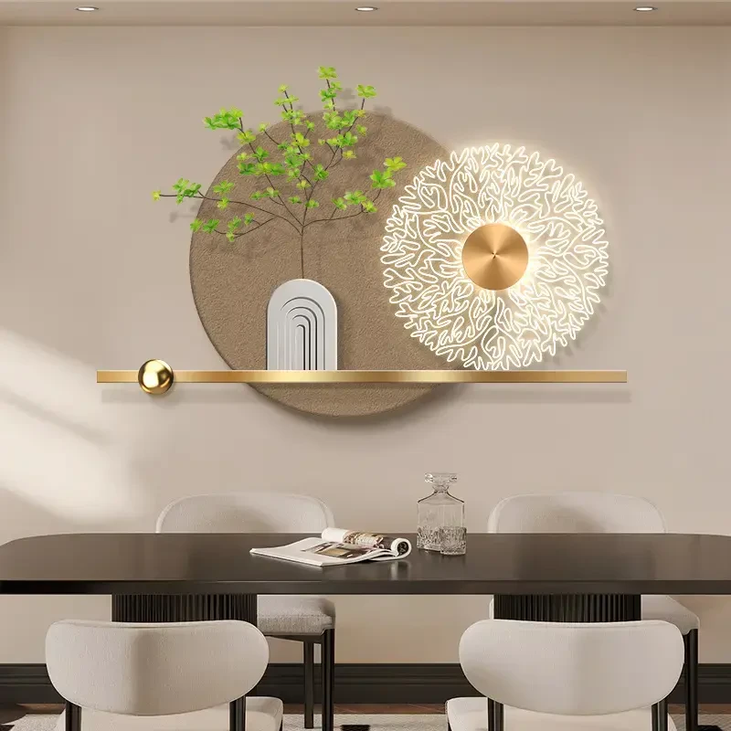 奶油风餐厅挂画装饰画现代轻奢高级感沙发背景墙仿真绿植发光壁画