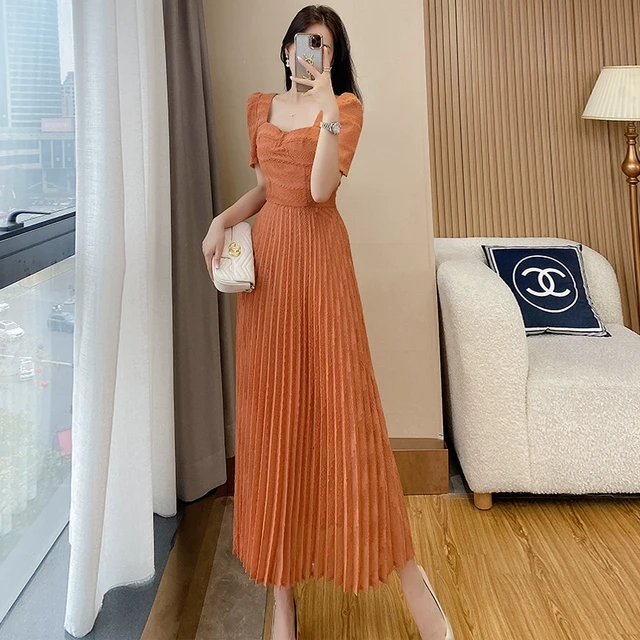 夏季法式方领雪纺连衣裙女气质名媛高腰显瘦高个子百褶长裙到脚踝