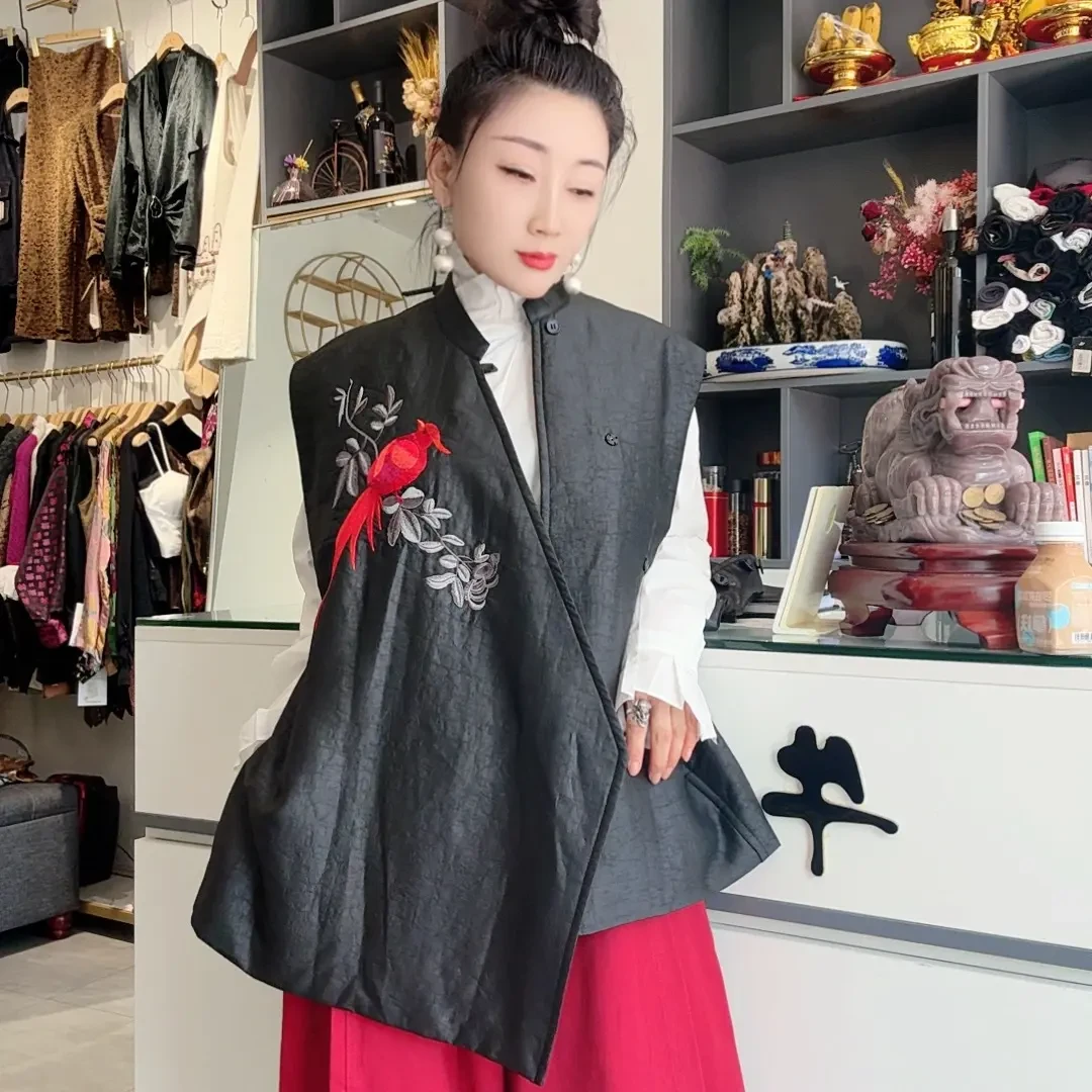 新中式桑蚕丝绣花立领斜襟驼绒羊毛女士时尚气质马甲上衣