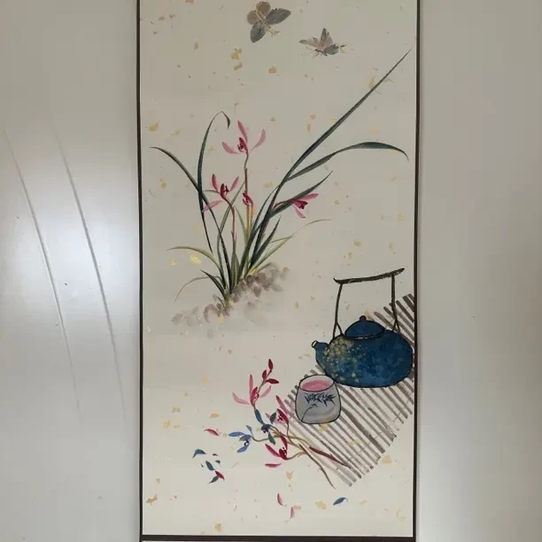 兰花卷轴新中式实木竖幅客厅书房茶室装饰画挂画