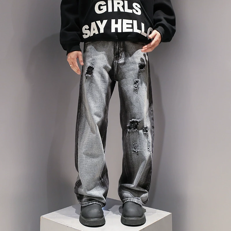 有术破洞水洗直筒牛仔裤子男春秋款潮牌设计感痞帅宽松重磅休闲裤