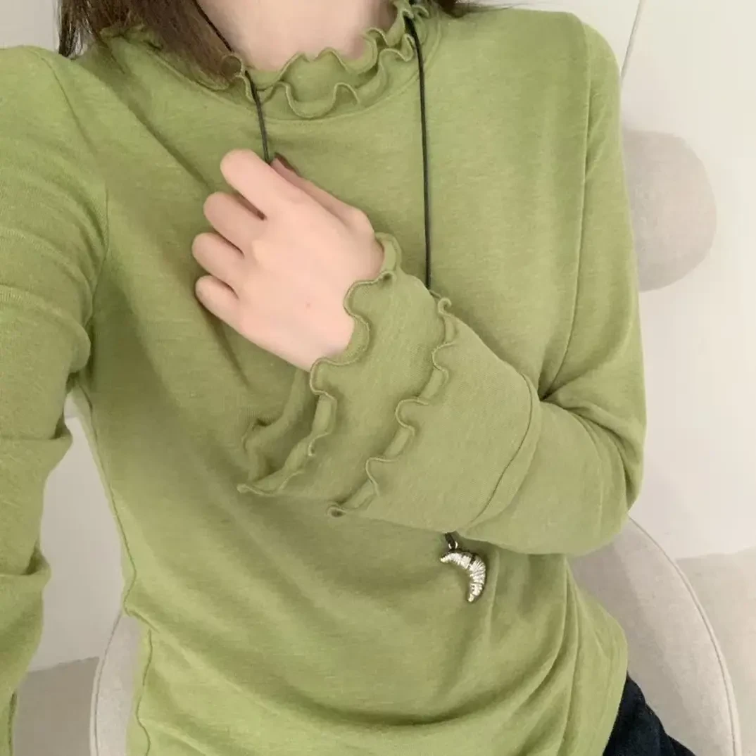 大码女装设计款秋冬气质甜美双木耳边长袖立领恤加厚徳绒打底衫