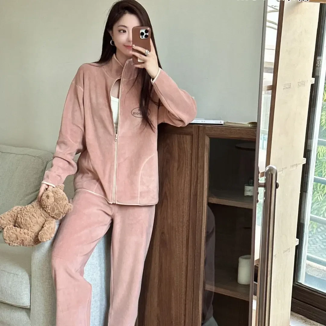 秋冬季新款拉链立领睡衣女假日套装家居服运动女士休闲双面奥粒绒