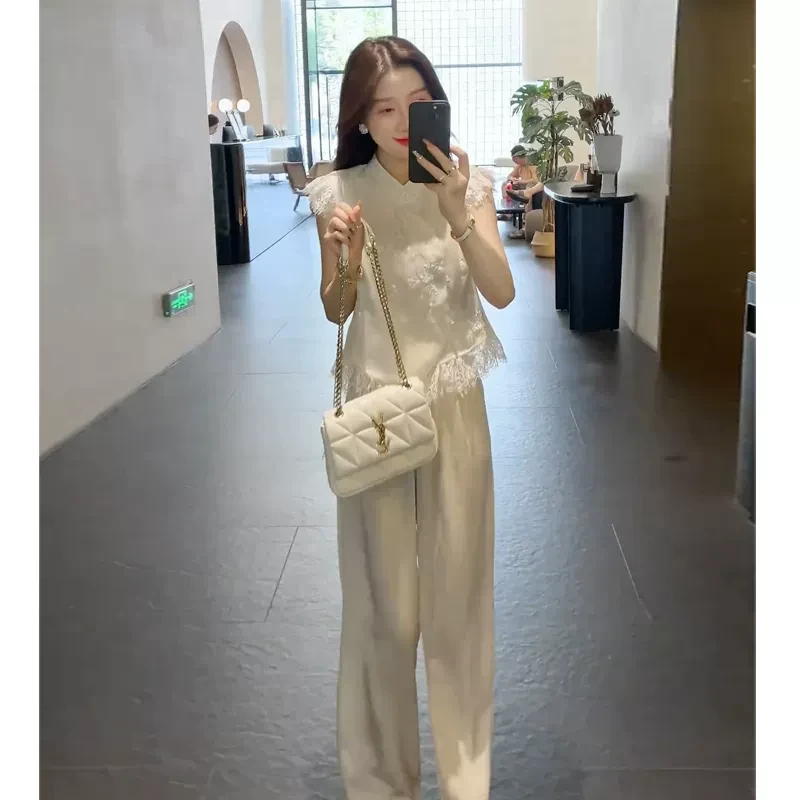 气质女神范高端套装女夏季新款国风刺绣提花衬衫休闲西装裤两件套