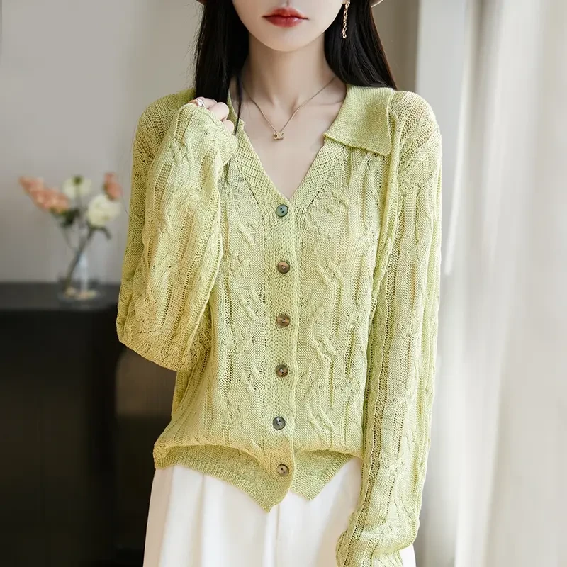 2025年春秋新款V领桑蚕丝和纸镂空防晒开衫女纯色长袖宽松百搭