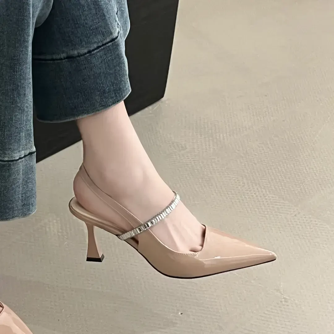 裸色高跟鞋~春夏一字水钻带装饰尖头单鞋细跟后空气质淑女女凉鞋