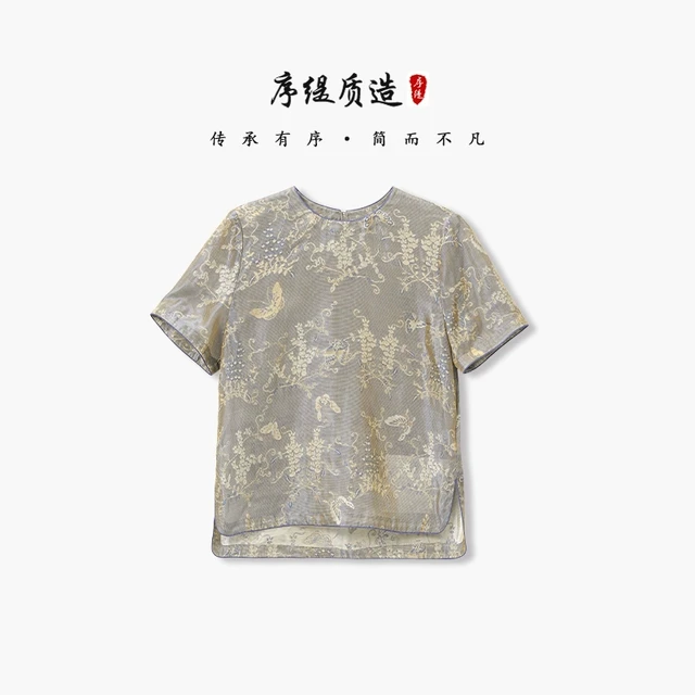 序缇质造『清蝶衣』新中式桑蚕丝短袖t恤女夏季宽松上衣J37-15223