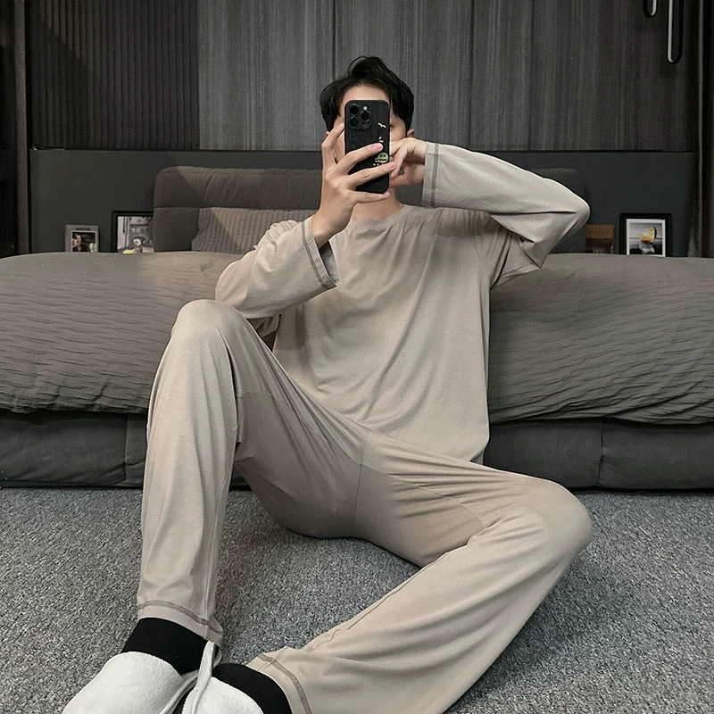 2025新款简约风男士睡衣春秋季青少年可外穿套头家居服男秋款套装