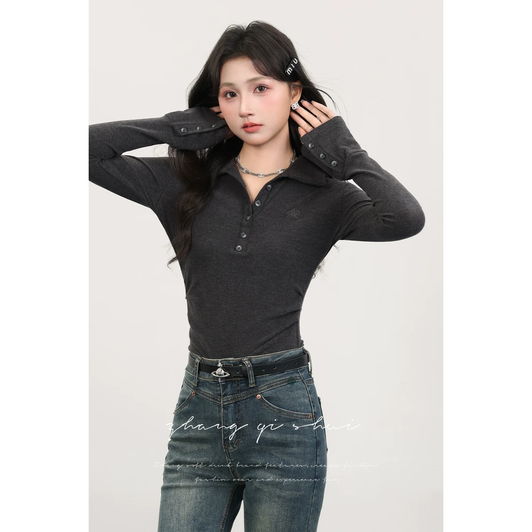 张汽水《夜色恋曲》春季新款灰色t恤女打底衫修身显瘦短上衣Z14738