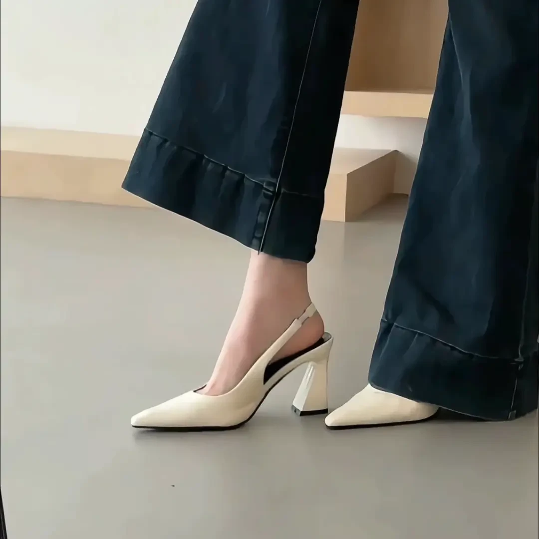高级感~春夏款法式配裙子尖头高跟鞋女粗跟单鞋后空包头凉鞋舒适