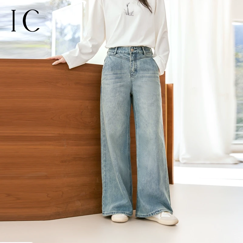 IC 经典复古蓝单宁牛仔裤女2025新款宽松通勤休闲设计长裤