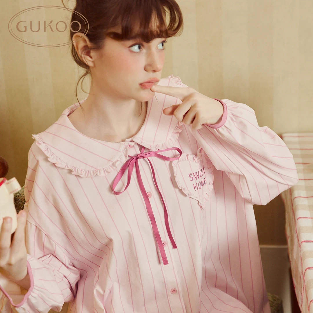 【Gukoo果壳】春秋睡衣女粉色系甜美条纹韩版女士家居服套装