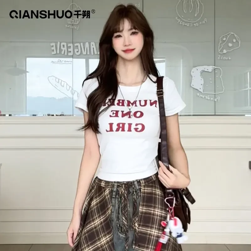 千朔白色正肩短袖印花圆领T恤女夏季休闲百搭修身显瘦辣妹上衣女