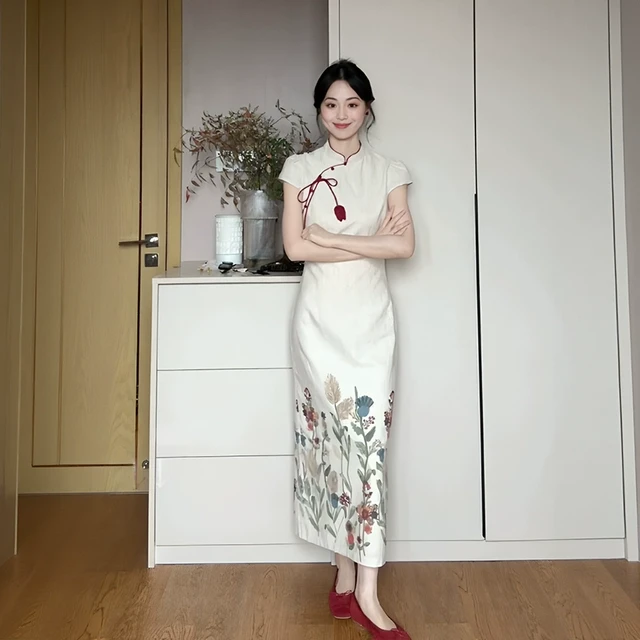 新中式印花棉麻改良旗袍连衣裙女夏季高级感修身显瘦气质复古长裙