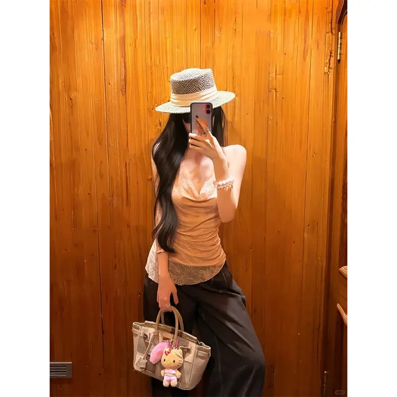 辣妹高级感穿搭无袖荡领吊带上衣百搭显瘦休闲阔腿裤长裤套装女