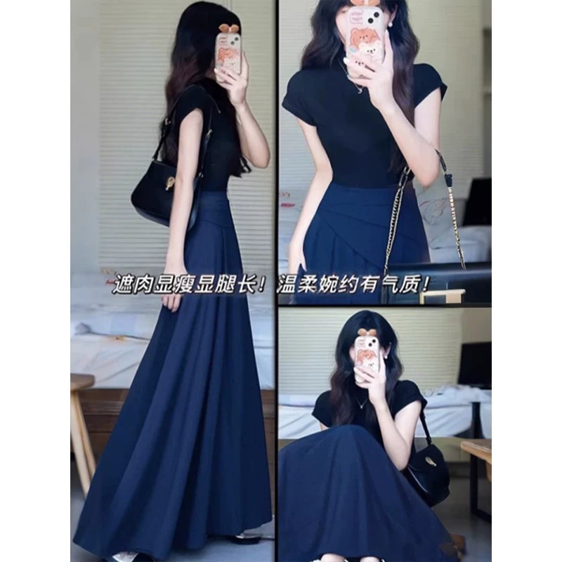 不规则半身裙长款女夏季藏青色a字半裙掐腰长裙子梨型身材套装