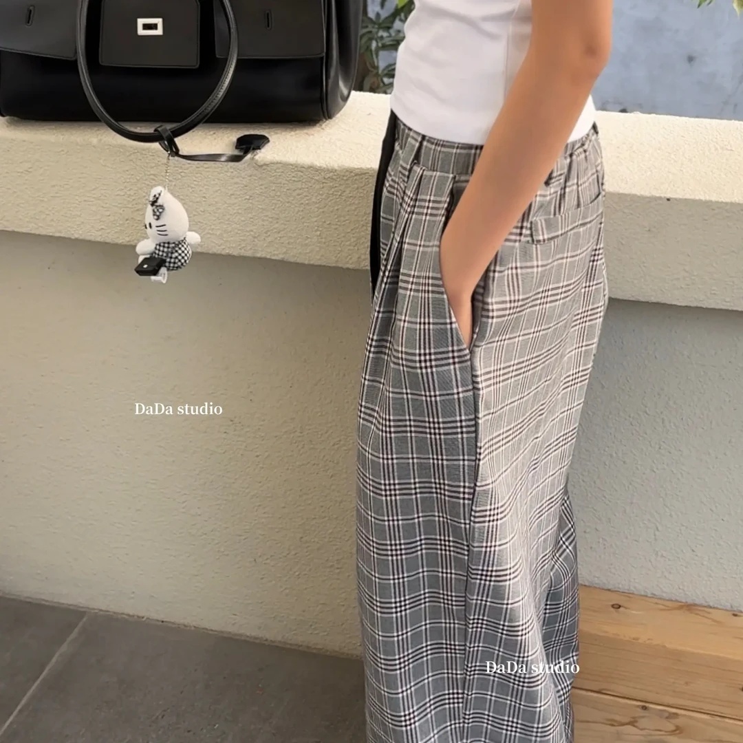No退No换DaDa秋季格纹松紧腰宽松阔腿休闲裤9255