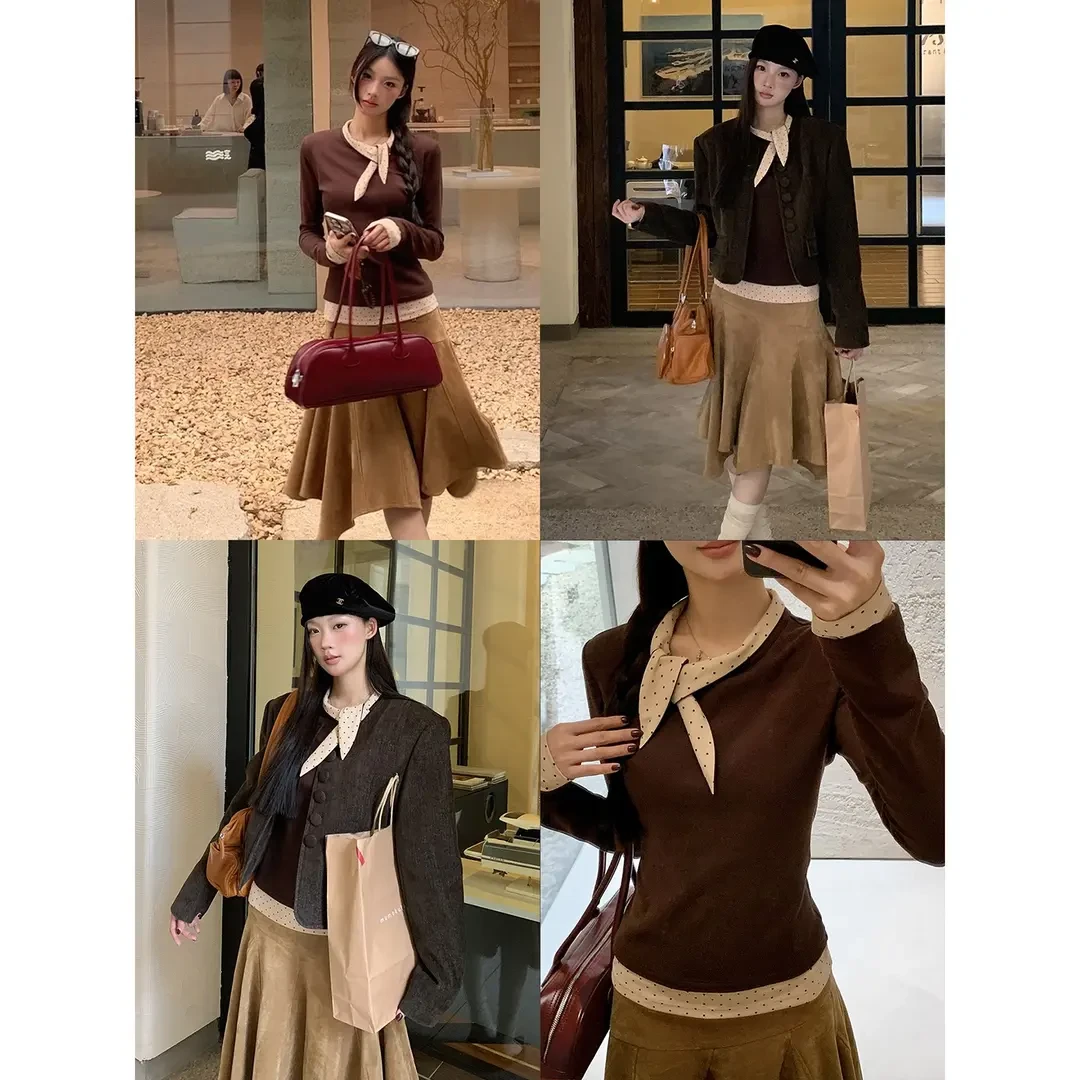 【散落光影】秋冬韩系气质蝴蝶结显瘦修身撞色T恤