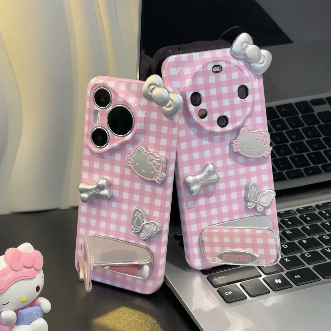 格子kitty蝴蝶贴件镜子支架适用iPhone苹果16手机壳华为oppo小米