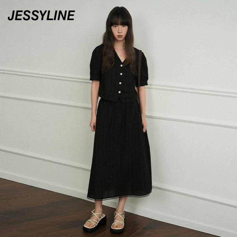 jessyline夏季新款 杰茜莱黑色衬衫半身裙套装 425216598