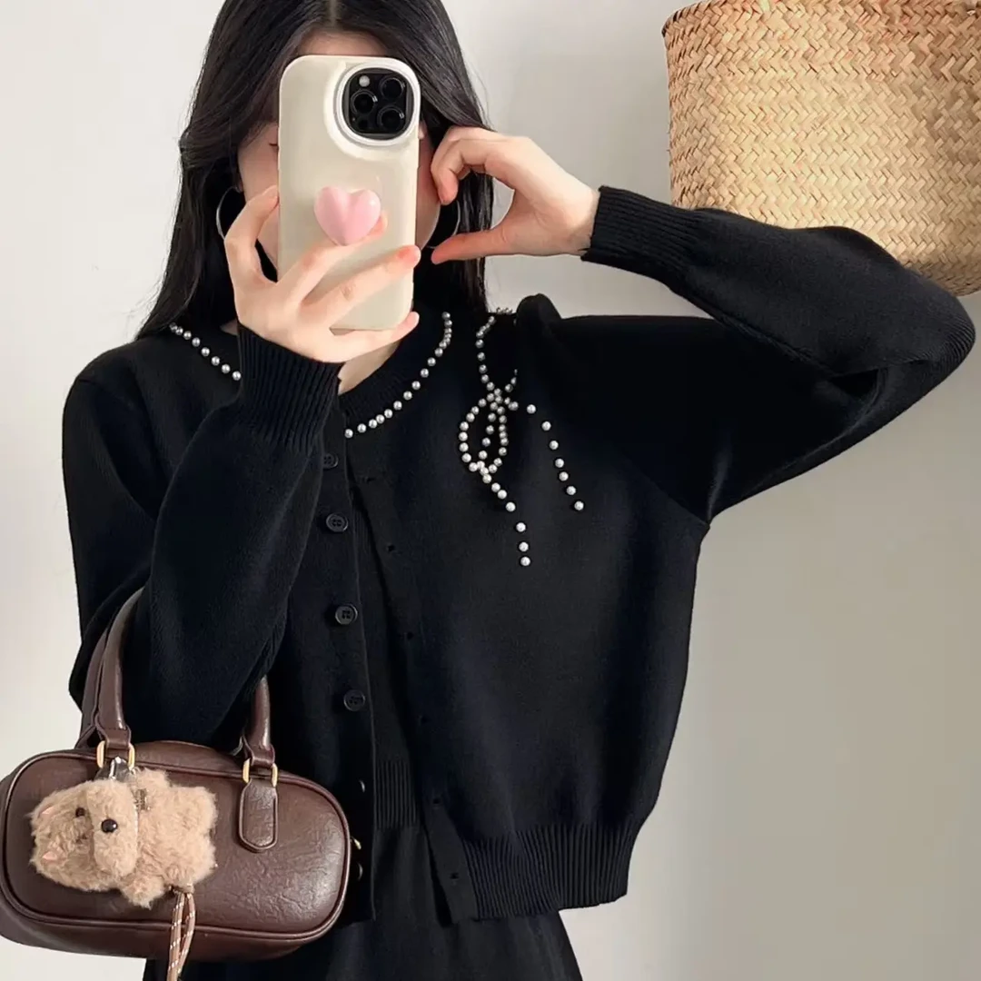 新疆包邮【C301】钉珠蝴蝶结针织开衫-衣长50