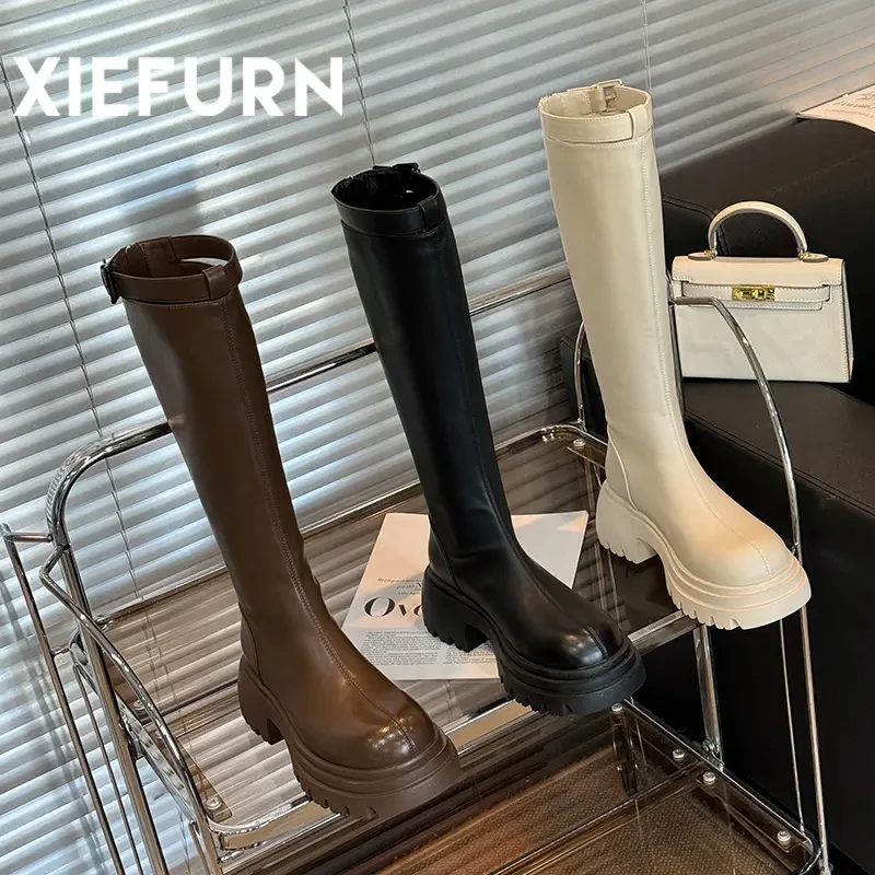 XIEFURN/鞋夫人小个子女靴百搭骑士英伦风秋冬长筒厚底高筒靴圆头