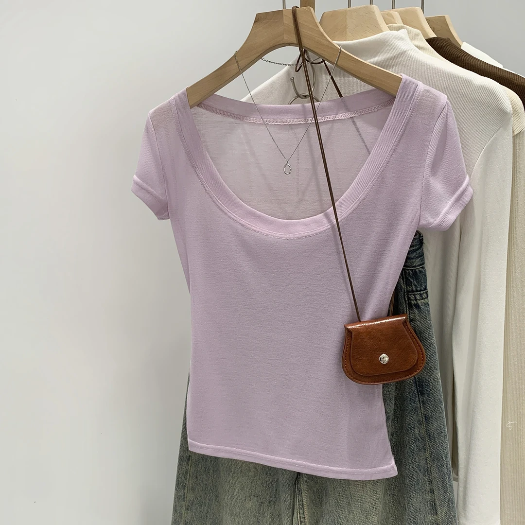超好看紫色轻薄U领修身短袖T恤女2025夏季新款独特漂亮高级感上衣
