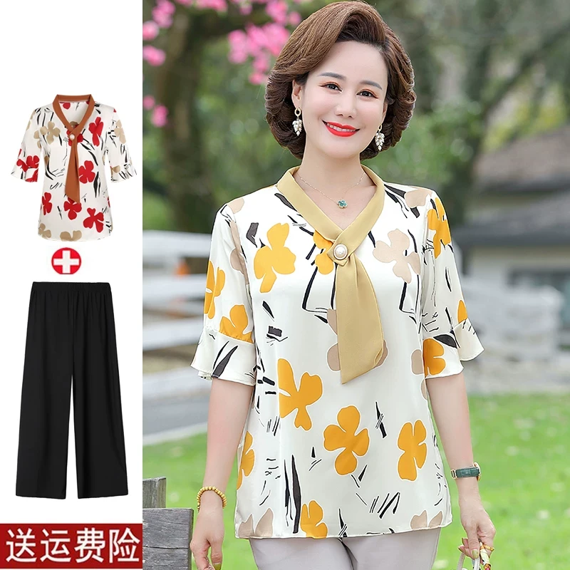 中年妈妈夏装短袖洋气上衣2025新款中老年女夏季雪纺恤小衫套装