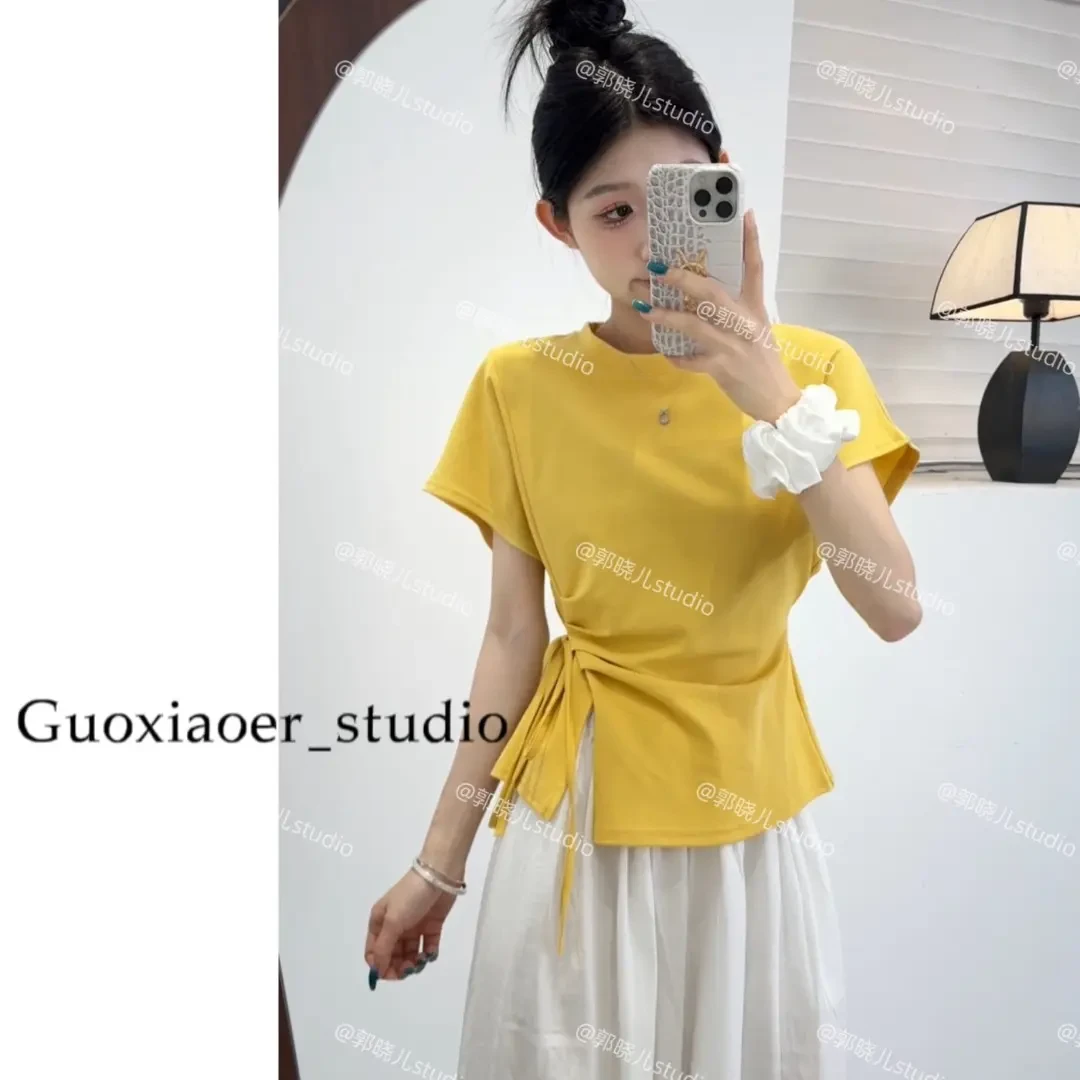 韩式设计款绑腰收腰袖口翻边短袖T恤衫上衣不规则设计感高腰1610_