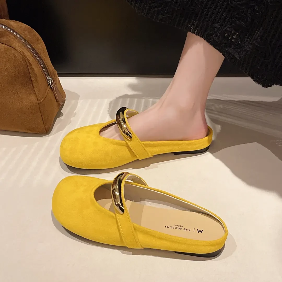 轻奢鞋子百搭小众黄色玛丽珍包头半拖鞋女款爆款2025新款女士气质