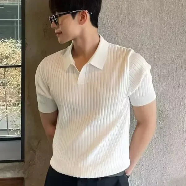 夏季男士休闲短袖POLO衫网红时尚修身潮流翻领T恤条纹半袖上衣潮