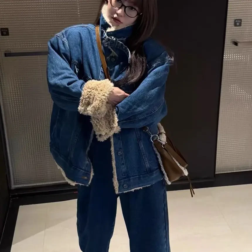 冬季新款韩版宽松加绒加厚保暖牛仔外套女款时尚潮流百搭