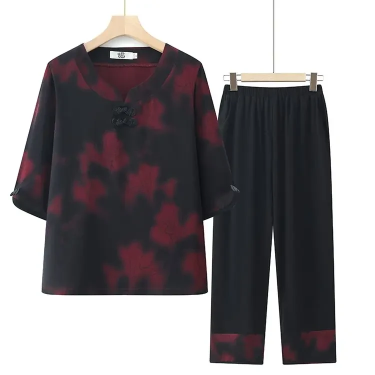 奶奶夏装套装女中老年人春装两件套老太太衬衫裤子老人衣服妈妈装