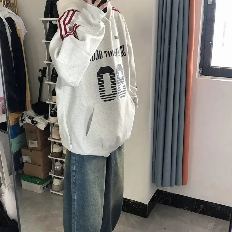 慵懒风加绒拼色冬季卫衣加厚印花连帽宽松秋冬包袖