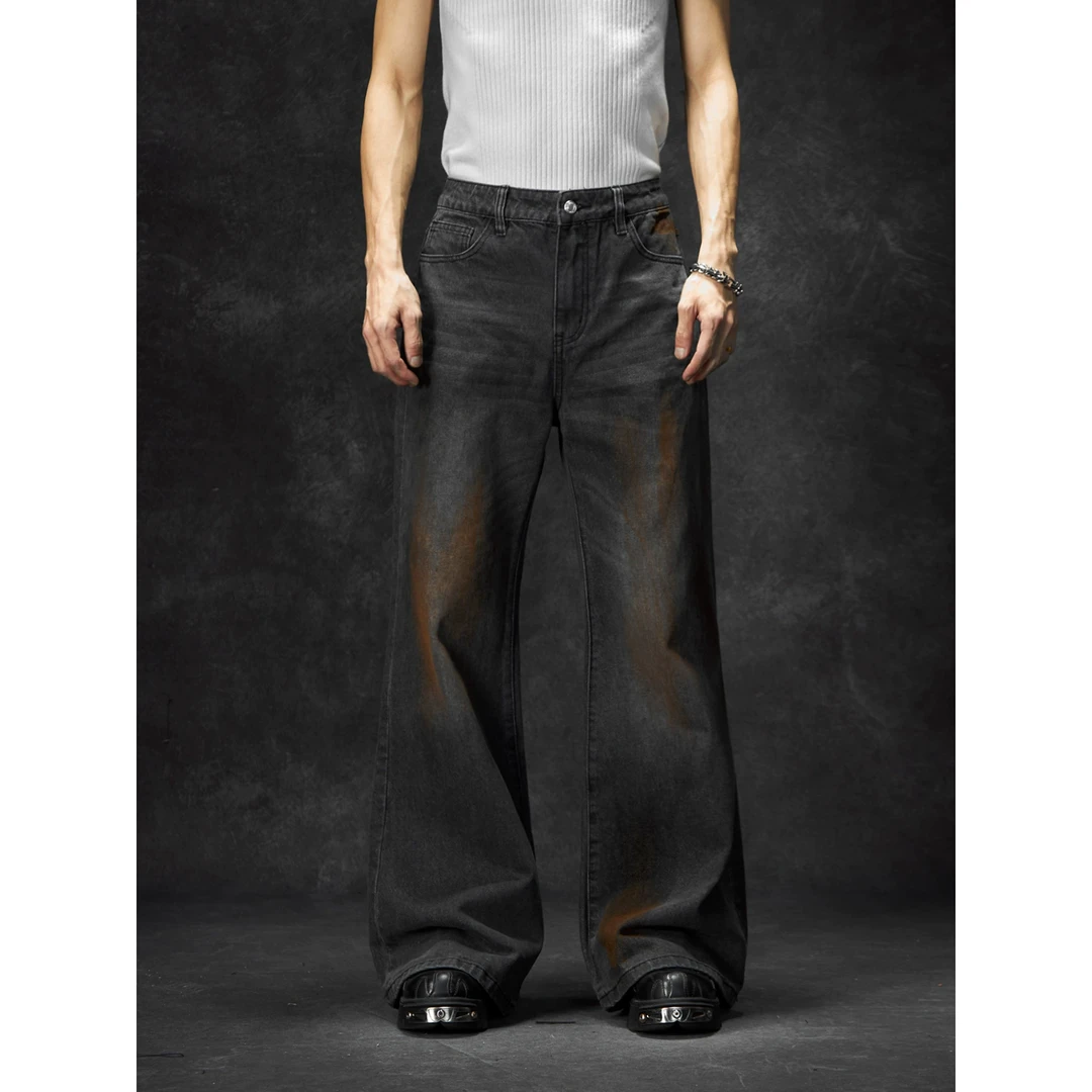 无人孤岛 版型巨好看宽松小微喇洗水做旧做脏牛仔裤显高显瘦长裤