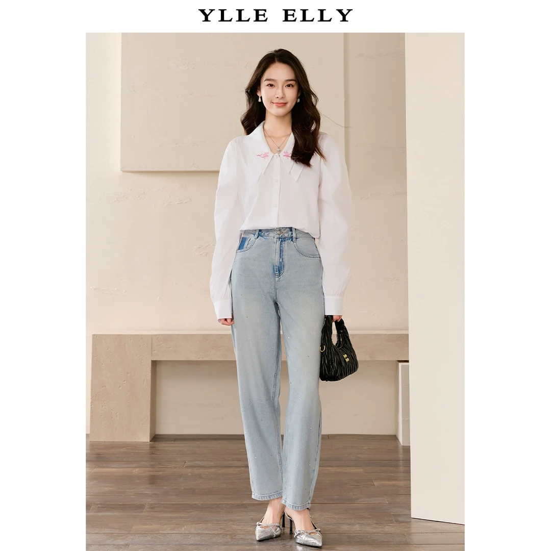 YLLE ELLY时尚烫钻牛仔裤女2025春时尚百搭休闲中腰直筒长裤