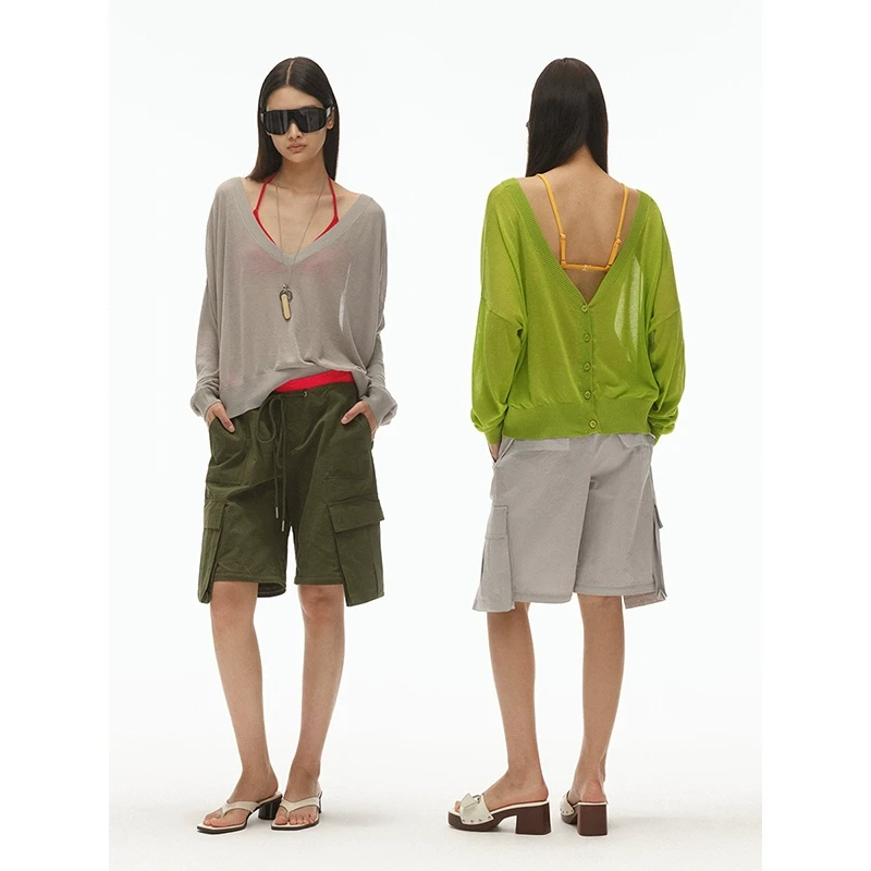 saumple study symp正反两穿桑蚕丝混纺微透V领针织开衫