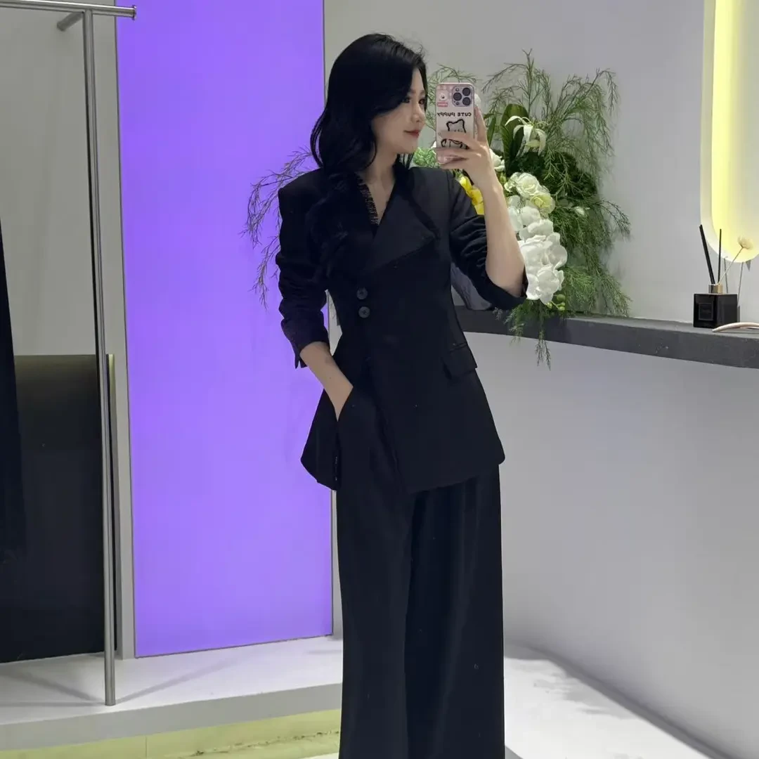 大码时尚套装女胖mm早秋新款御姐风灰色西装设计感阔腿裤两件套装