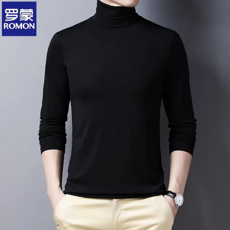 Romon/罗蒙桑蚕丝高领t恤男长袖秋季男士纯色莫代尔秋衣打底衫T恤