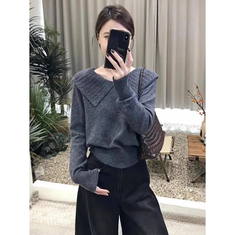 韩系chic灰色大翻领长袖针织衫女秋季大码胖MM显瘦长袖高级感毛衣
