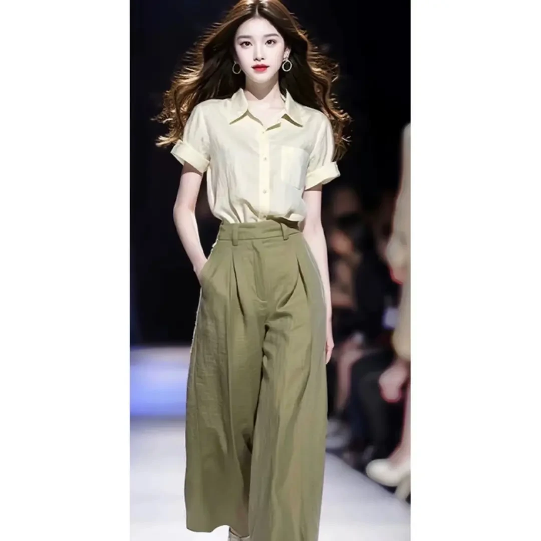 夏装搭配一整套松弛感穿搭短袖衬衫阔腿裤炸街减龄时尚套装女