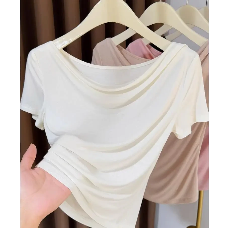 莫代尔荡领短袖T恤女新款夏季辣妹纯欲洋气设计感小众韩系上衣ins