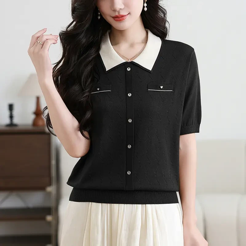 新款洋气冰丝针织衫短袖T恤女减龄气质小香风娃娃领时尚百搭上衣