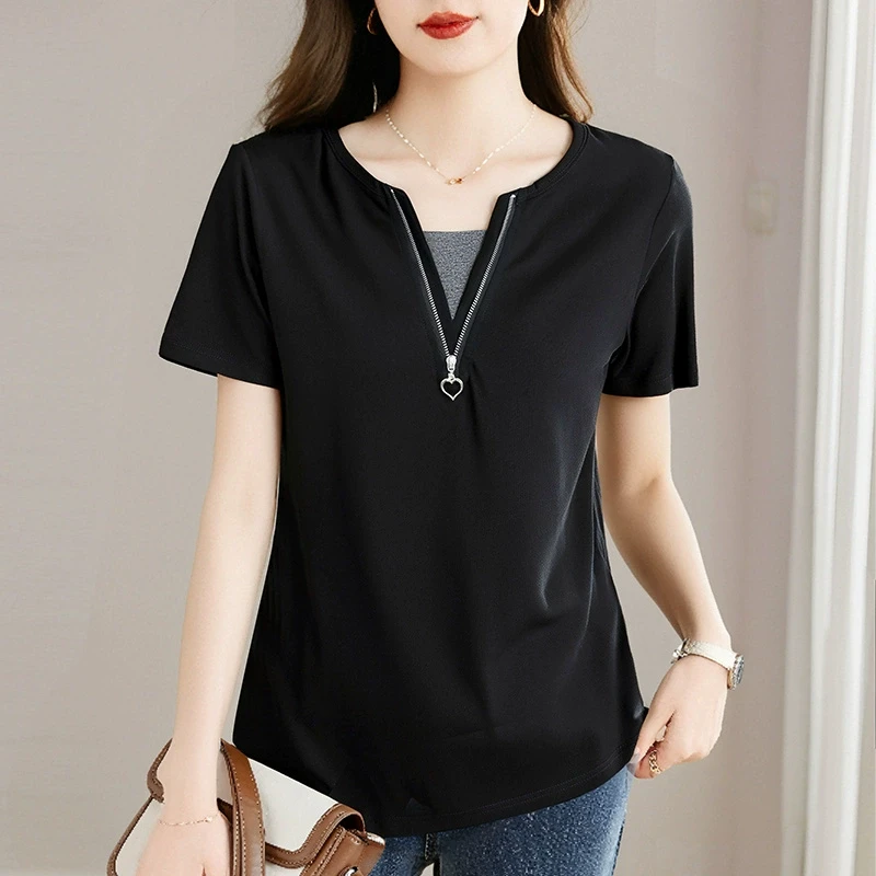 芳妮诗v领纯棉短袖t恤女2025新款大码女装宽松显瘦减龄女士上衣