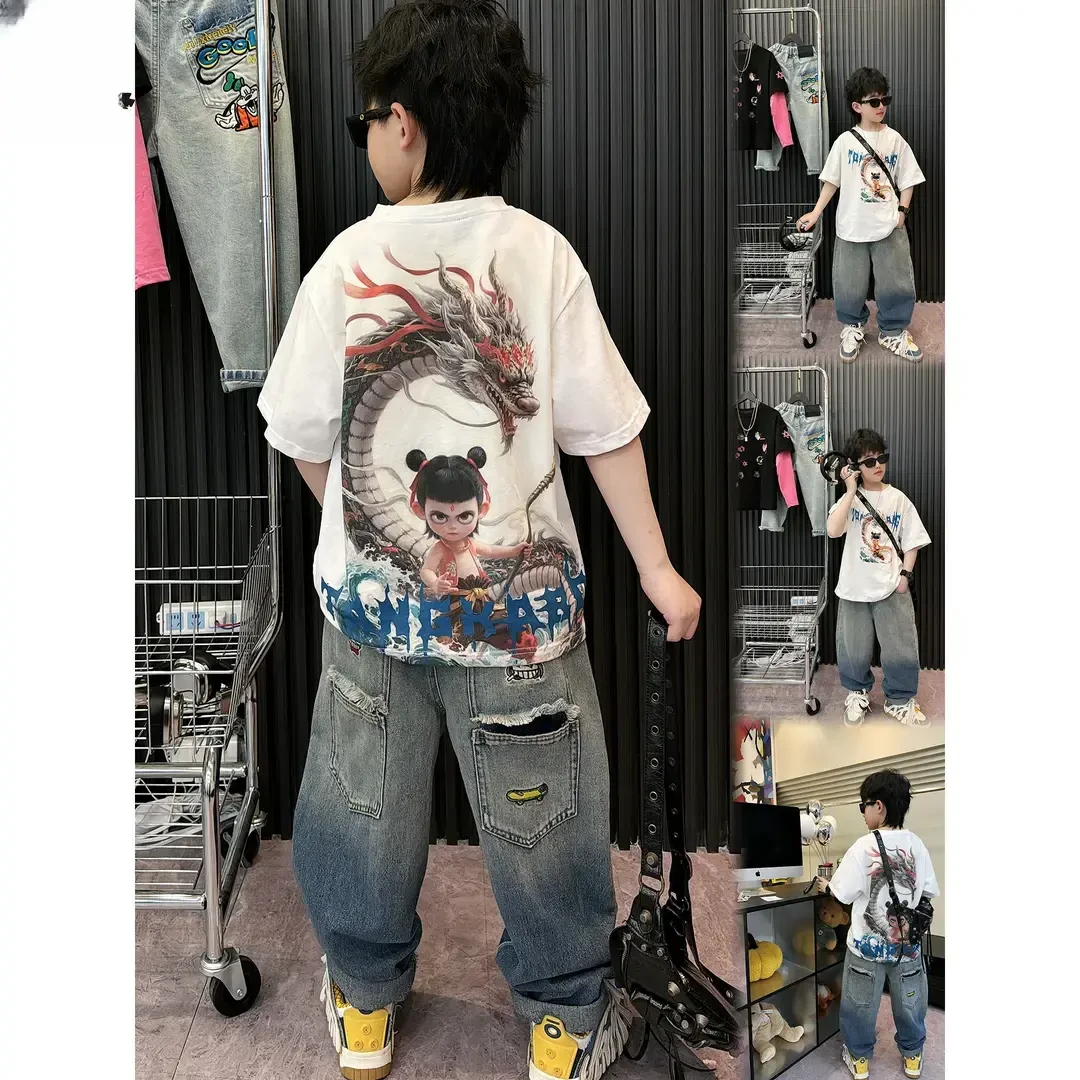 纯棉短袖圆领2025潮流夏款时尚街头白色背面印花吒儿闹海短袖T