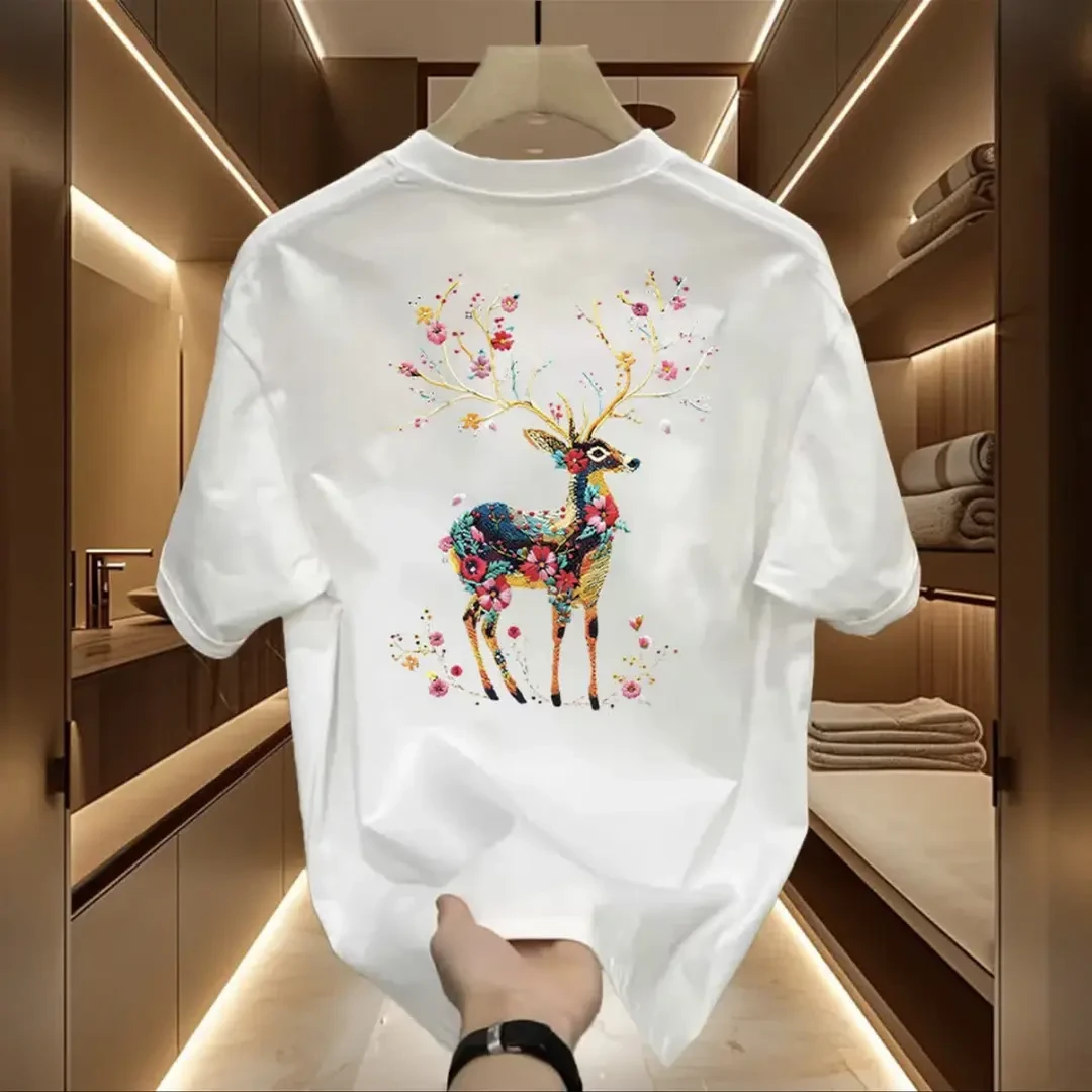 夏季t恤白色纯棉短袖梅花鹿印花T恤男女潮牌宽松百搭圆领T恤